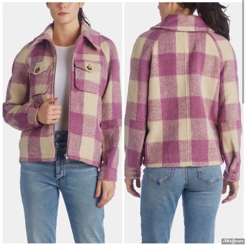 Avec Les Filles Felted Plaid Zip Up Shacket in Lilac and White - Size S